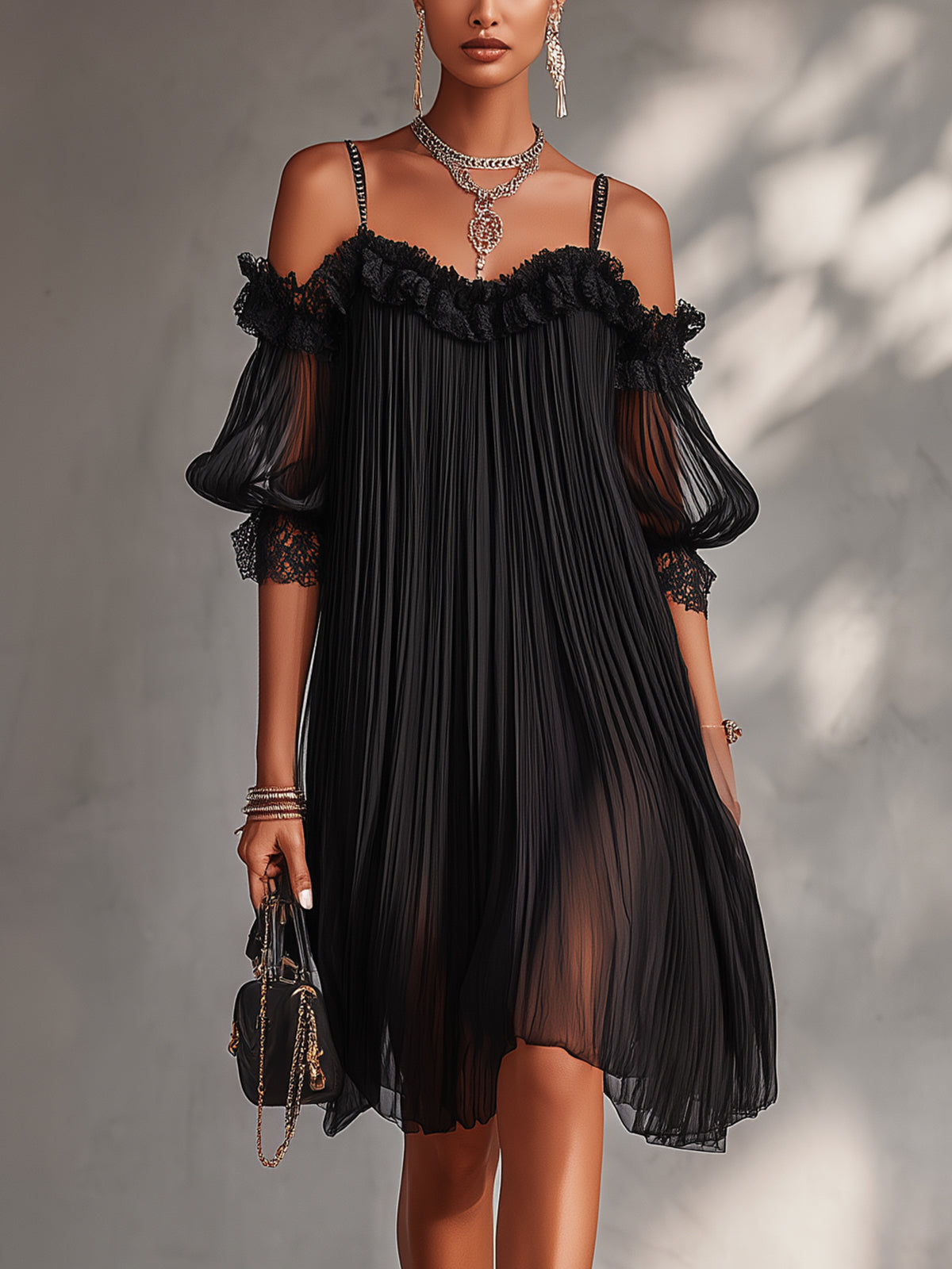 Vittoria | Vestido curto preto com ombros descobertos e renda