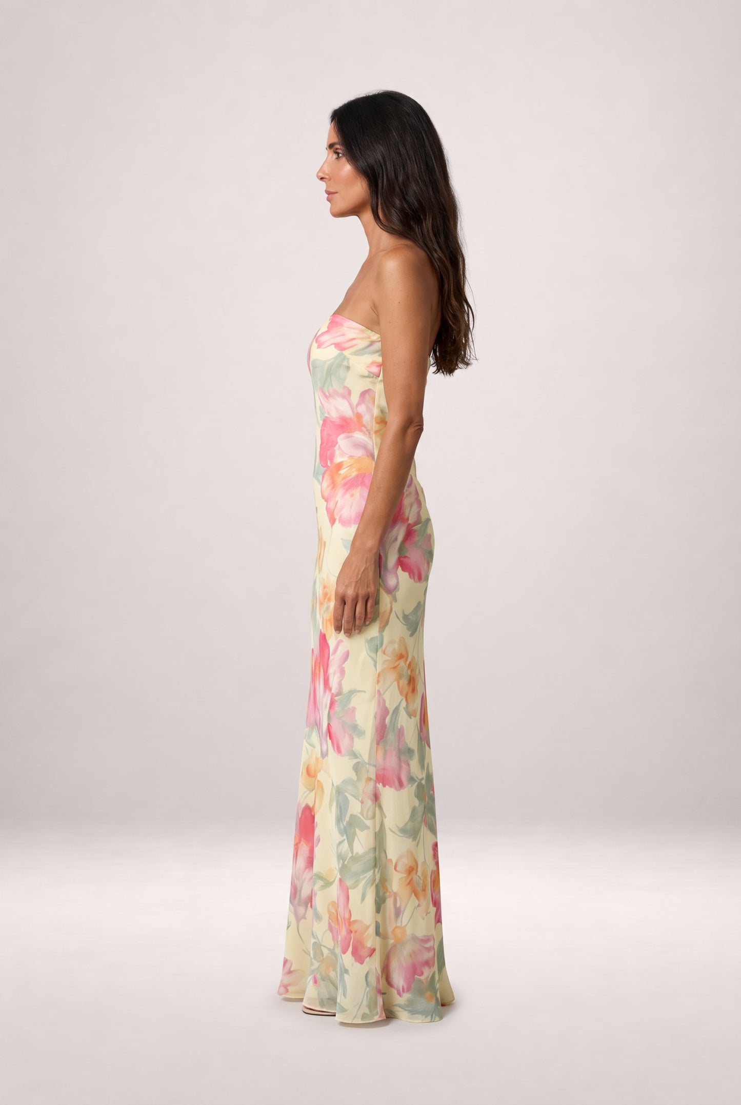 Capri | Vestido largo palabra de honor floral acuarela