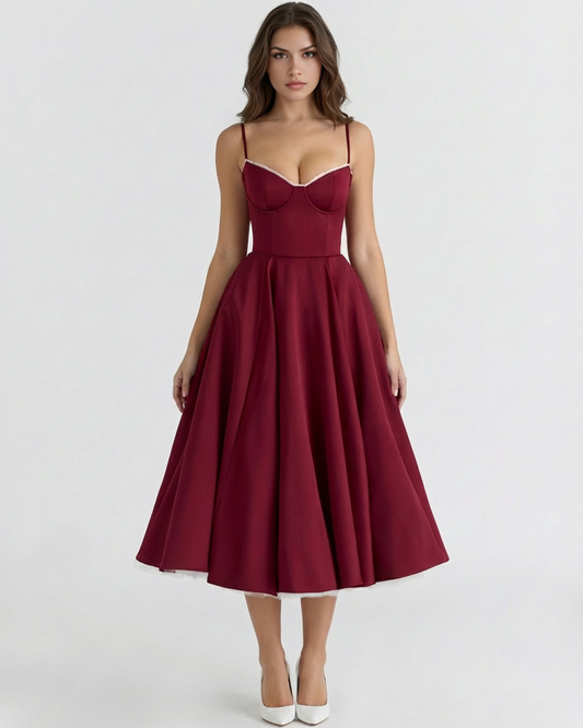 Cressida | Vestido midi con corsé y falda de tul en Burdeos