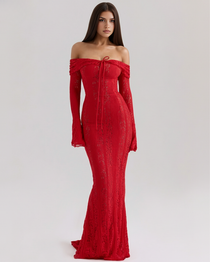 Corinna | Vestido largo de encaje con escote bardot en Rojo