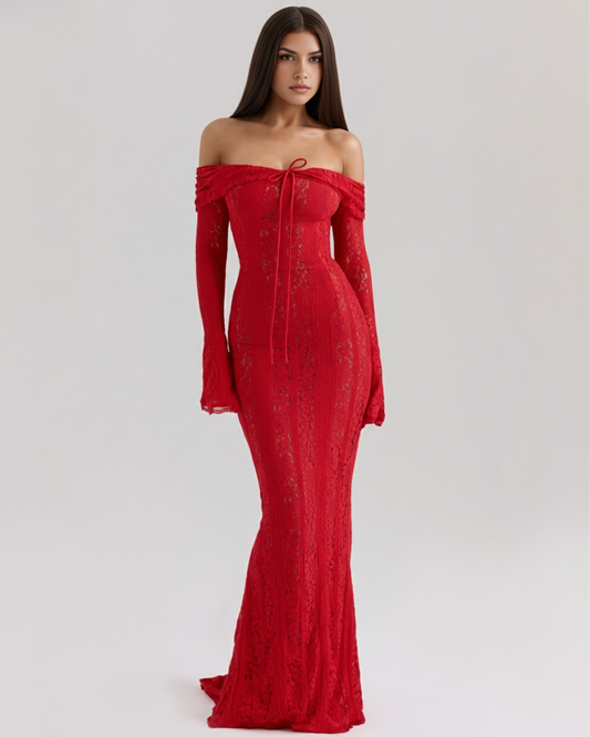 Corinna | Vestido largo de encaje con escote bardot en Rojo