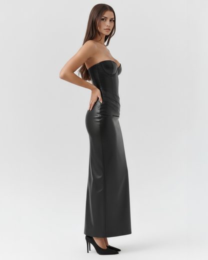 Vittorina | Vestido largo efecto piel con espalda cruzada en Granate