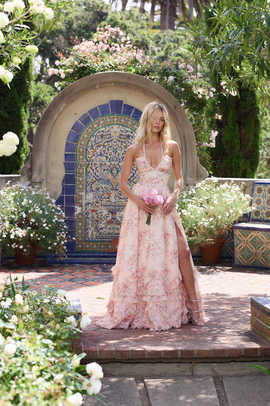 Vera | Vestido largo floral con escote halter y abertura