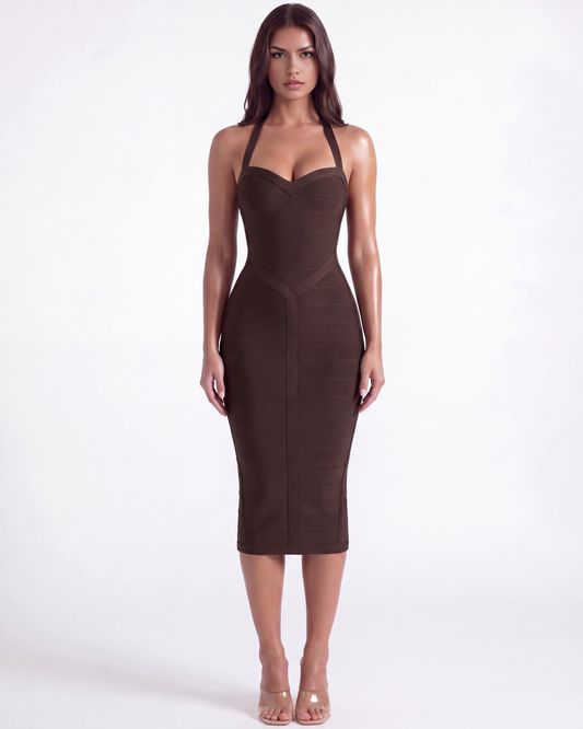 Valdina | Vestido midi bandage con escote halter en Café