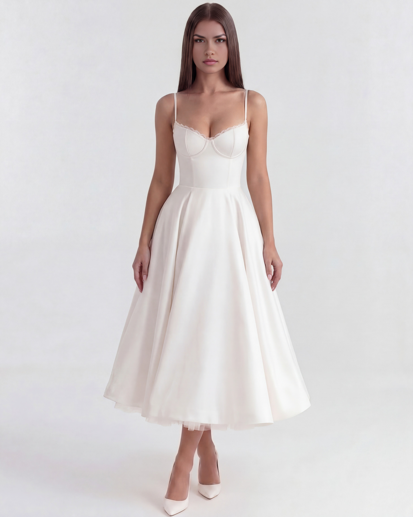 Cressida | Vestido midi con corsé y falda de tul en Rosa