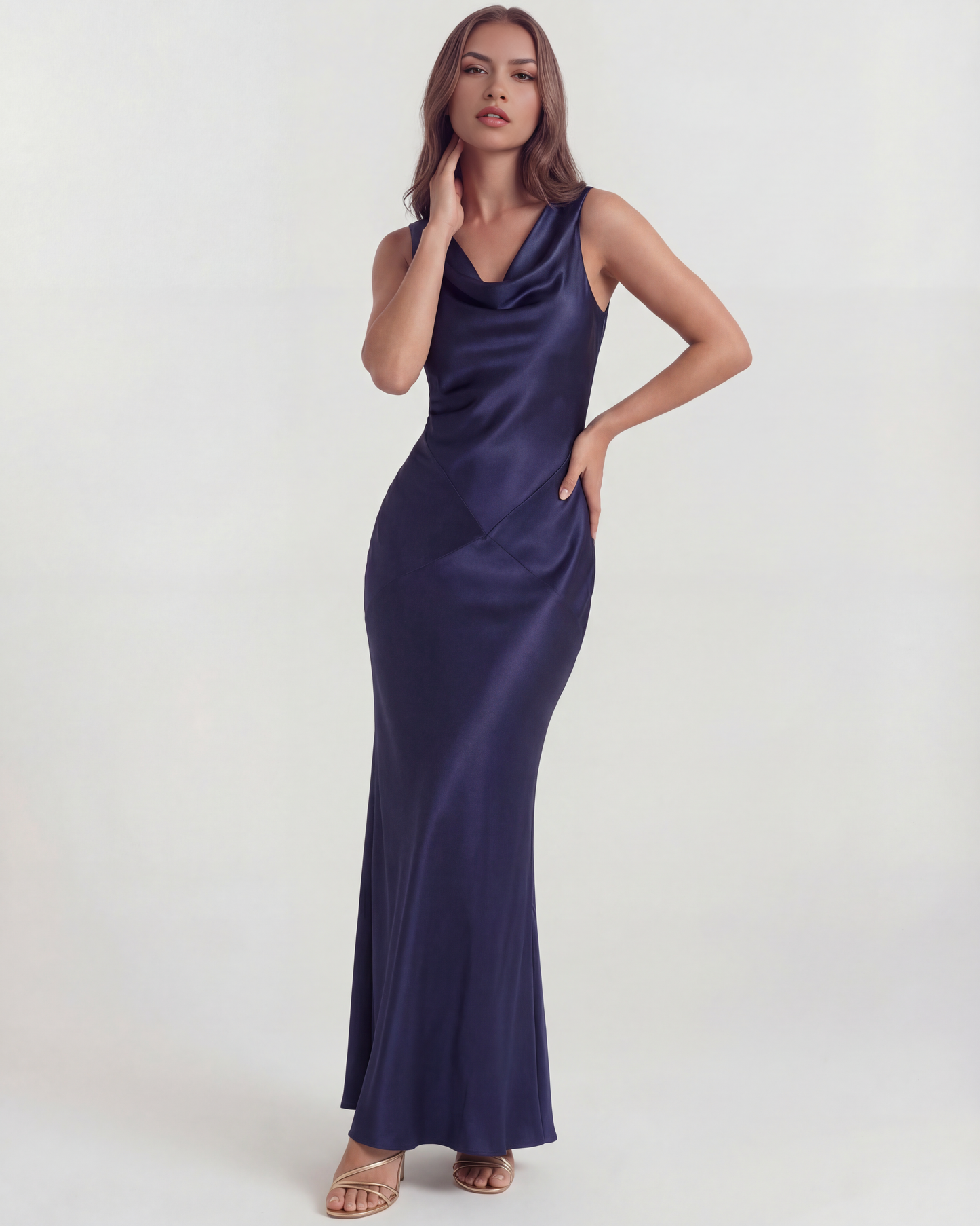 Azucena | Vestido largo satinado con espalda abierta en Azul Marino