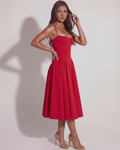 Maristela | Vestido midi con corsé y falda fluida en Blanco
