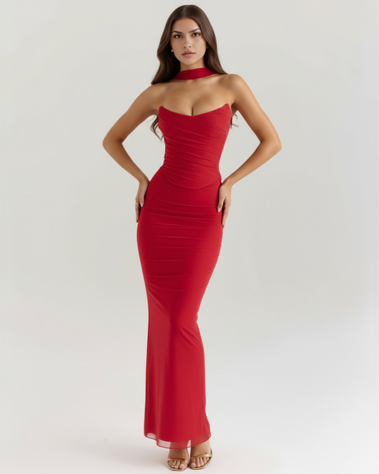 Lysandra | Conjunto largo de corsé y falda drapeada en Rojo