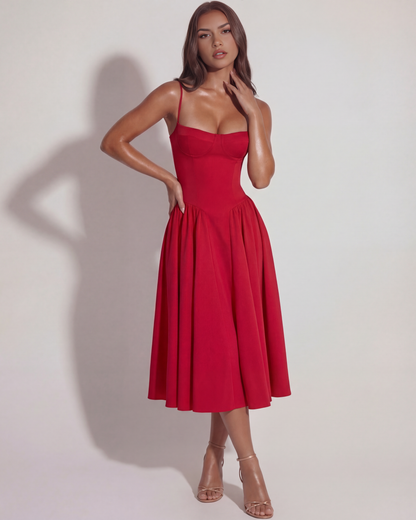 Maristela | Vestido midi con corsé y falda fluida en Blanco