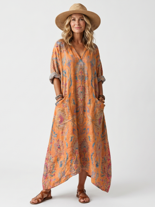 Μίντι φόρεμα, σε oversize γραμμή, με λαιμόκοψη V και μπροστινές τσέπες