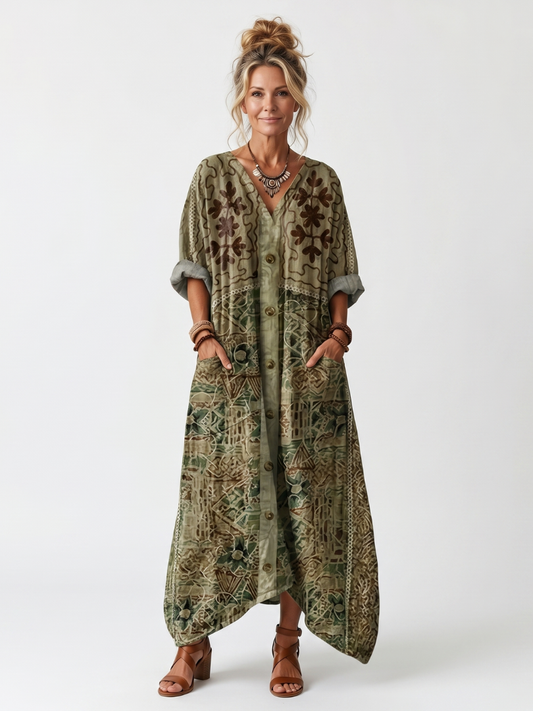 Μίντι φόρεμα, σε oversize γραμμή, με κουμπιά και κεντήματα