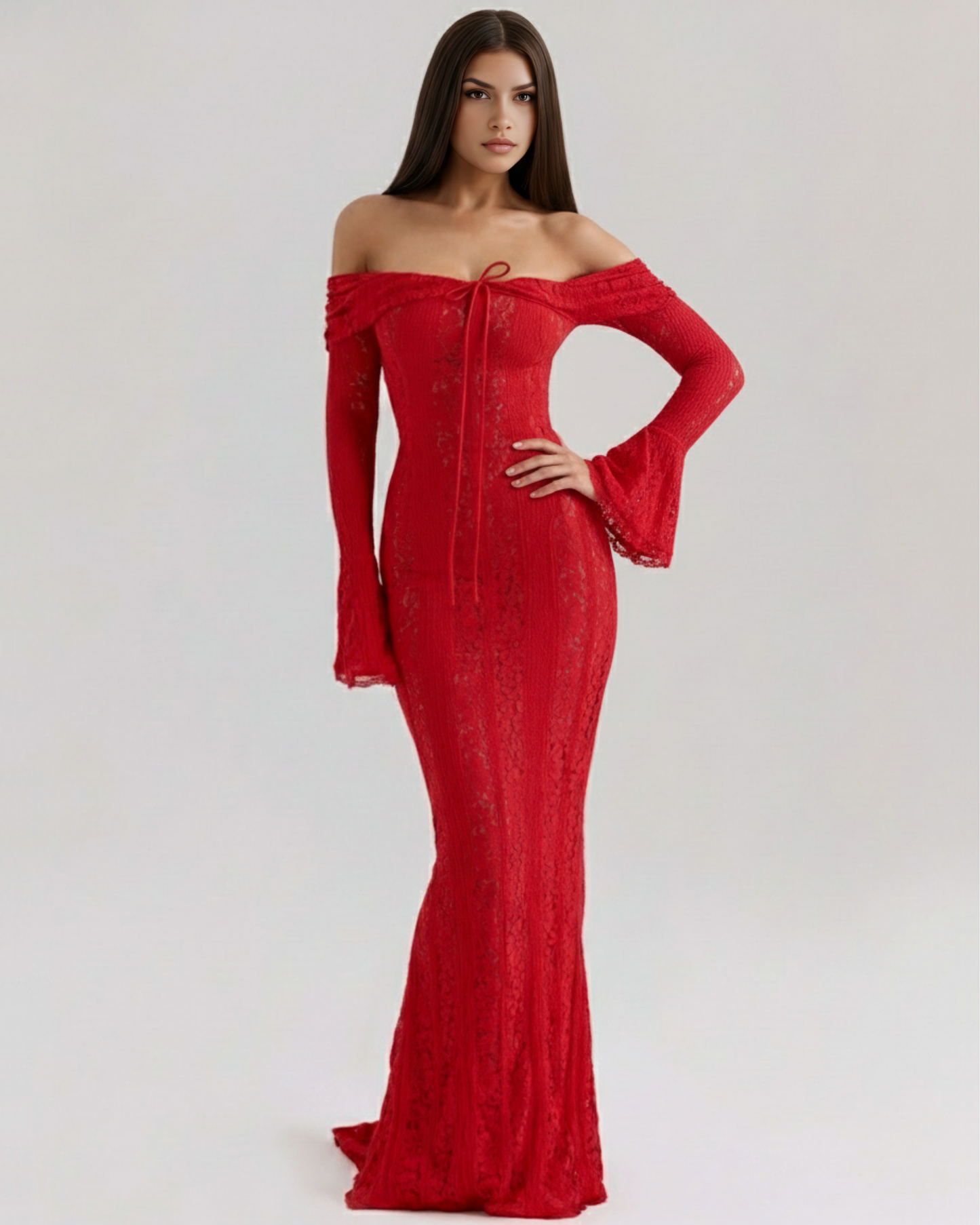 Corinna | Vestido largo de encaje con escote bardot en Rojo