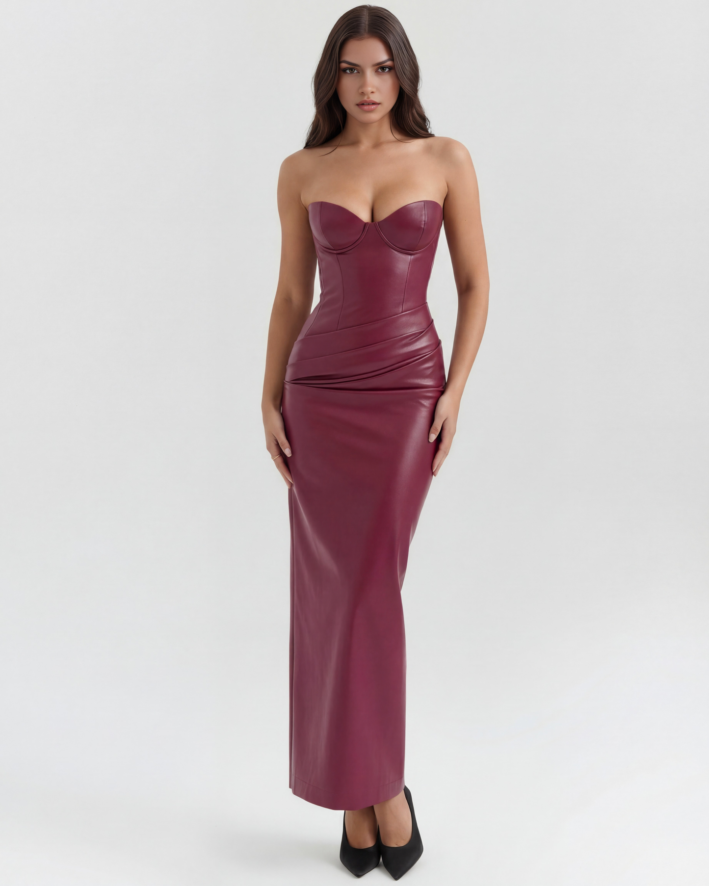 Vittorina | Vestido largo efecto piel con espalda cruzada en Granate