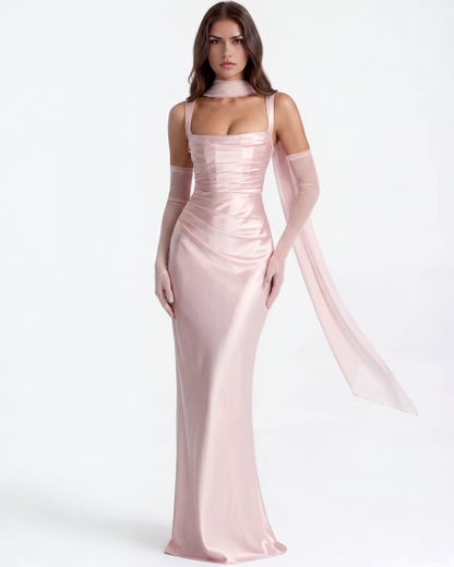 Serafina | Vestido largo satinado con escote cuadrado