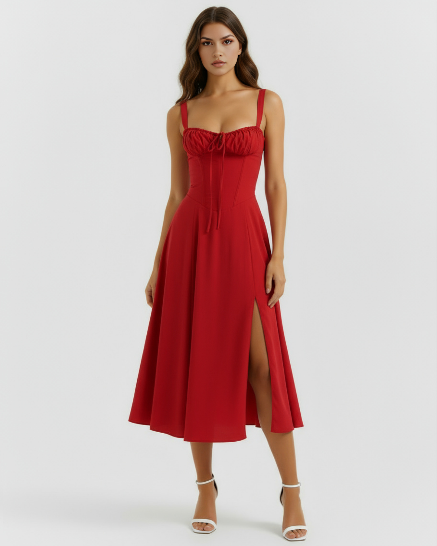Evania | Vestido midi con corsé y abertura lateral en Rojo