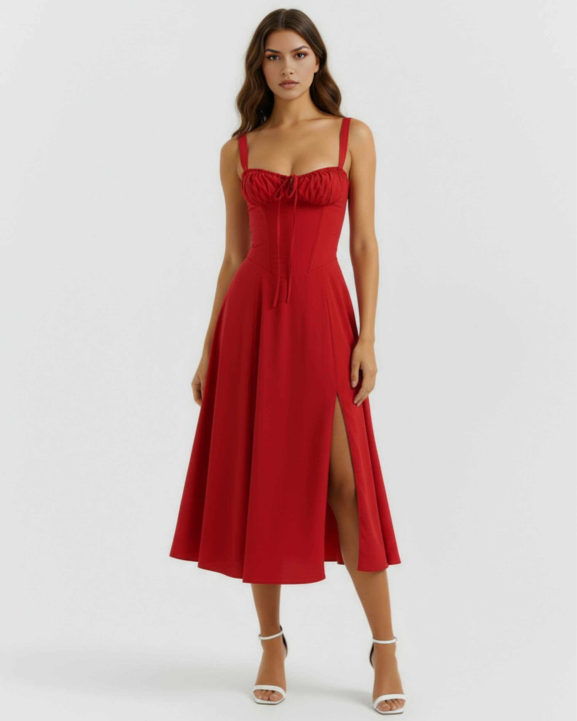 Evania | Vestido midi con corsé y abertura lateral en Rojo