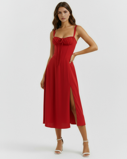 Evania | Vestido midi con corsé y abertura lateral en Rojo