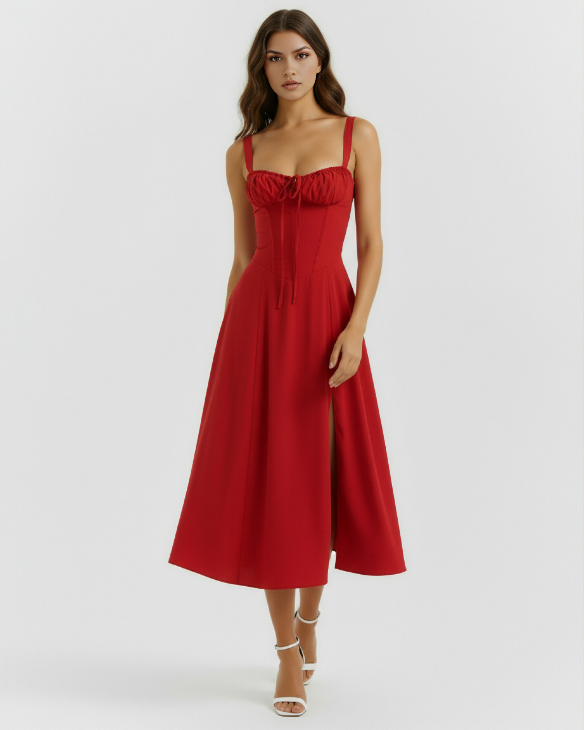Evania | Vestido midi con corsé y abertura lateral en Rojo