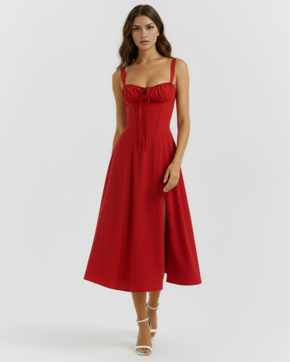 Evania | Vestido midi con corsé y abertura lateral en Rojo