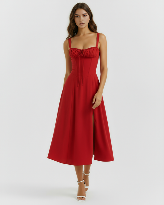 Evania | Vestido midi con corsé y abertura lateral en Rojo