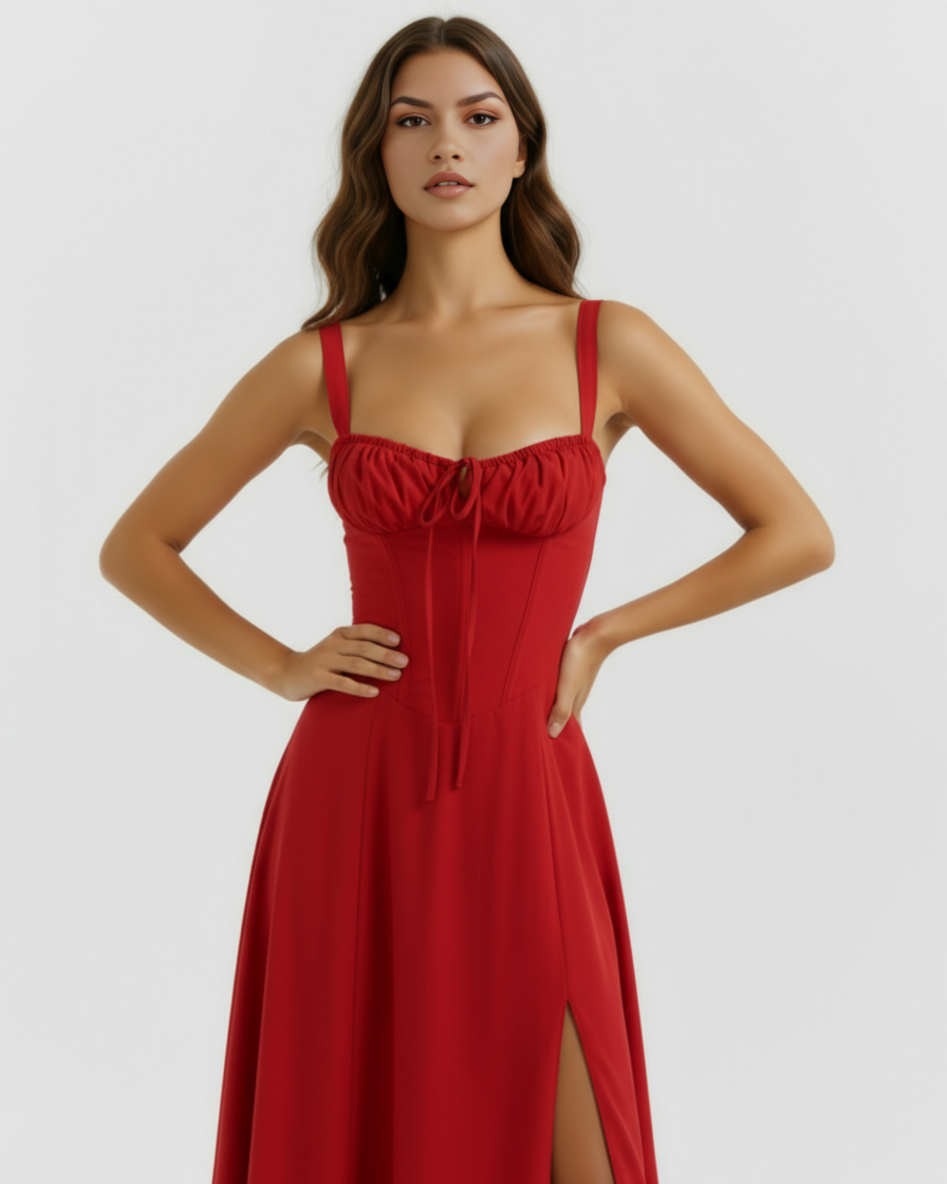 Evania | Vestido midi con corsé y abertura lateral en Rojo