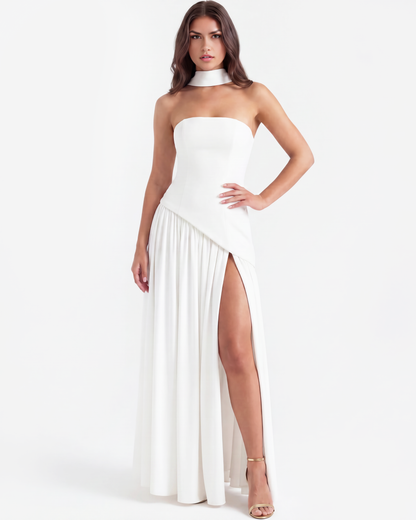 Melisande | Vestido largo strapless con abertura en Blanco