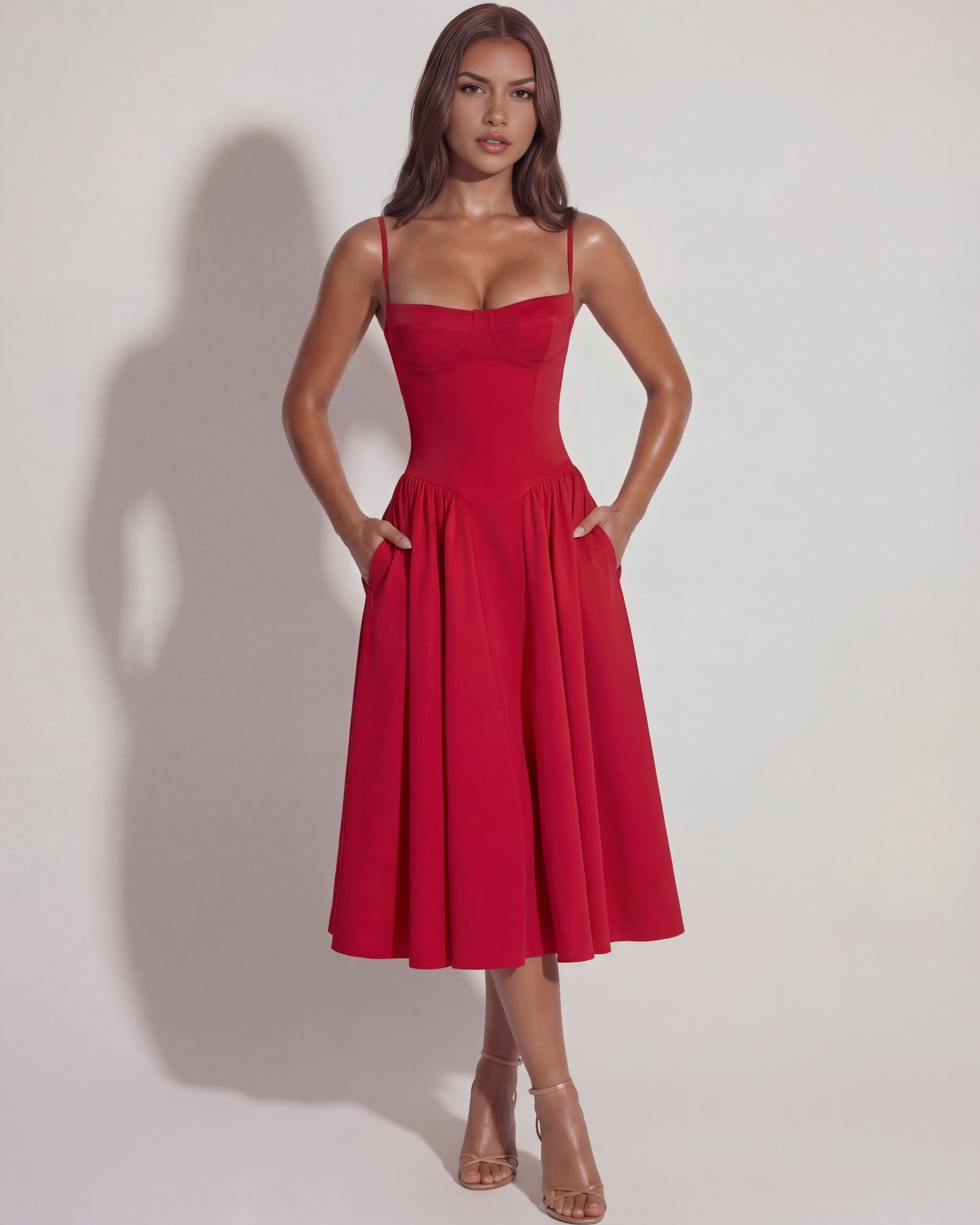 Maristela | Vestido midi con corsé y falda fluida en Rojo