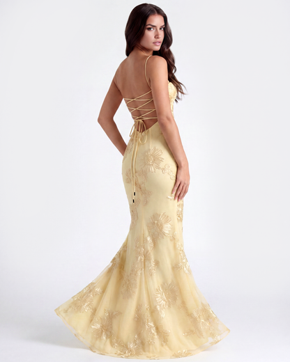 Orietta | Vestido largo con corsé floral bordado