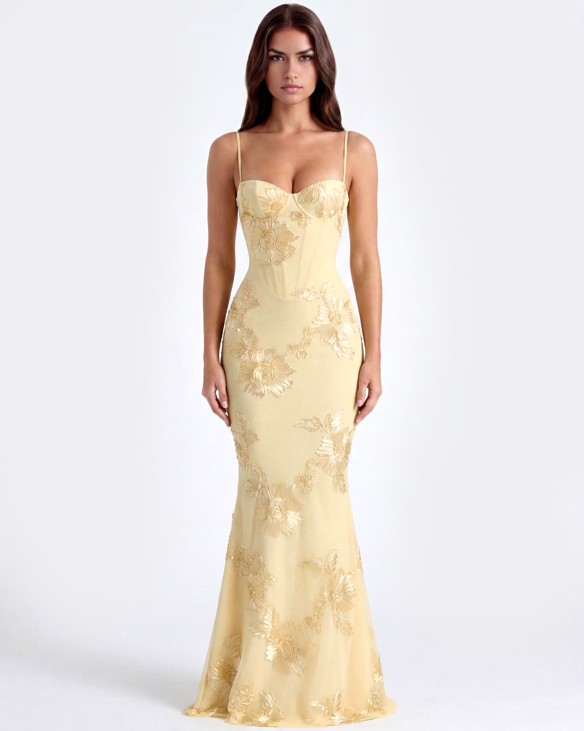 Orietta | Vestido largo con corsé floral bordado en Amarillo