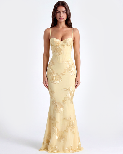 Orietta | Vestido largo con corsé floral bordado en Amarillo