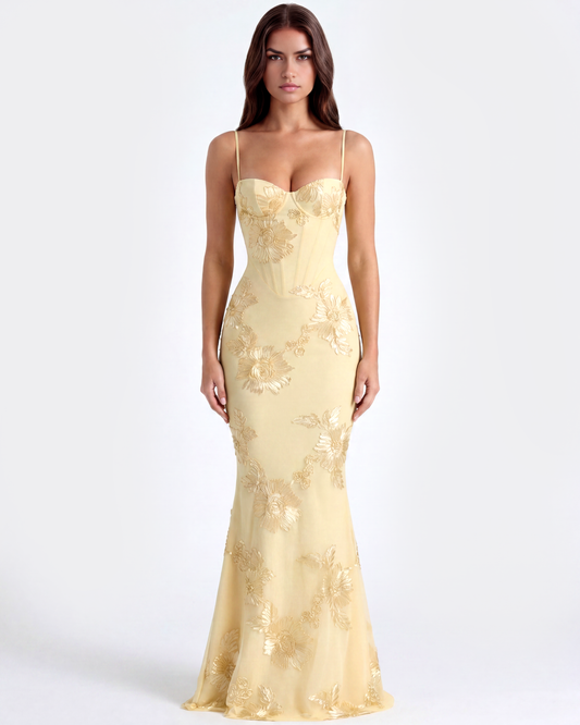 Orietta | Vestido largo con corsé floral bordado en Amarillo