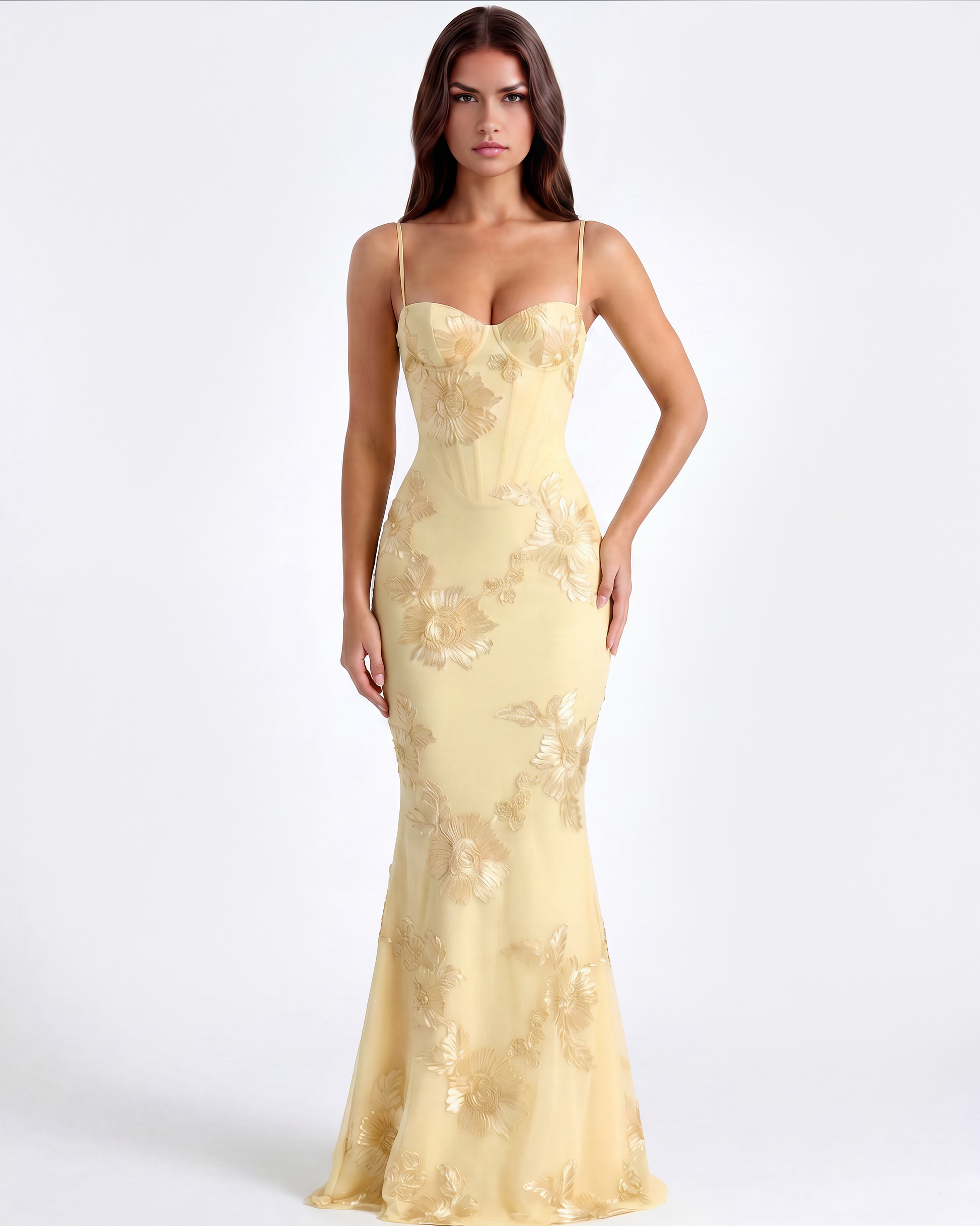 Orietta | Vestido largo con corsé floral bordado en Amarillo
