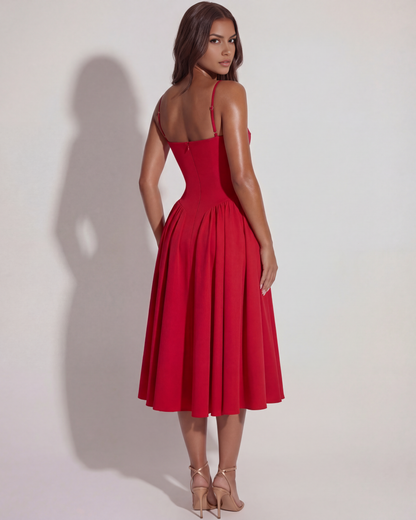 Maristela | Vestido midi con corsé y falda fluida en Negro