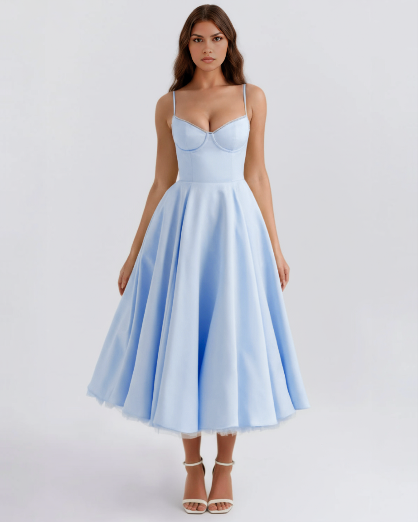 Cressida | Vestido midi con corsé y falda de tul en Azul