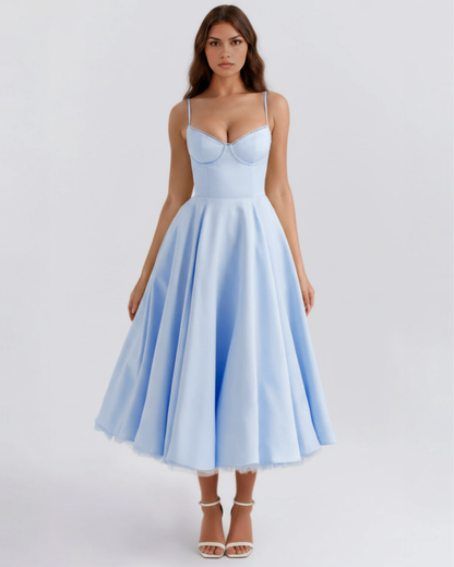 Cressida | Vestido midi con corsé y falda de tul en Azul