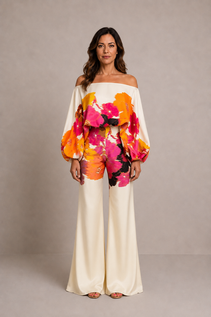 Grecia | Conjunto estampado de blusa y pantalón palazzo
