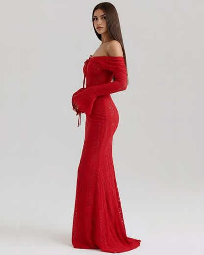 Corinna | Vestido largo de encaje con escote bardot en Rojo