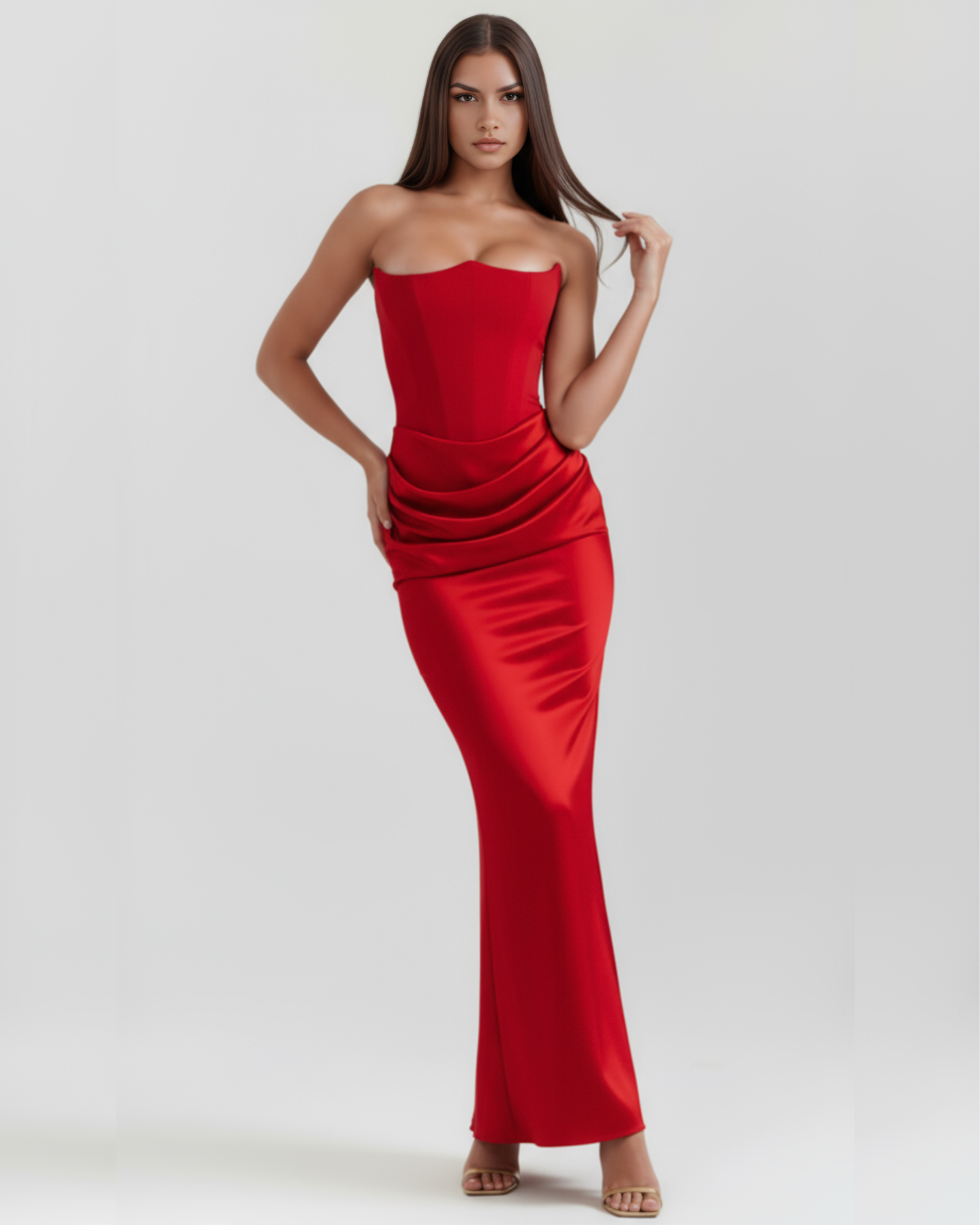 Nives | Vestido largo strapless de crepé satinado en Rojo
