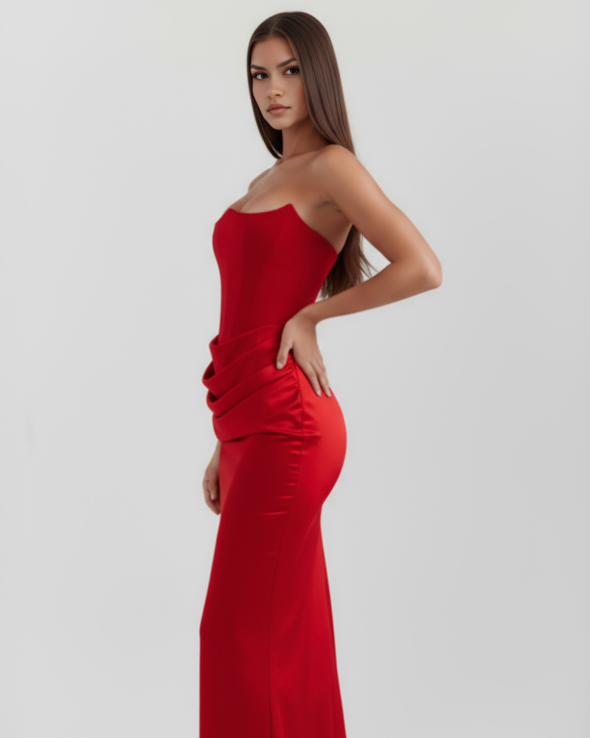 Nives | Vestido largo strapless de crepé satinado en Rojo