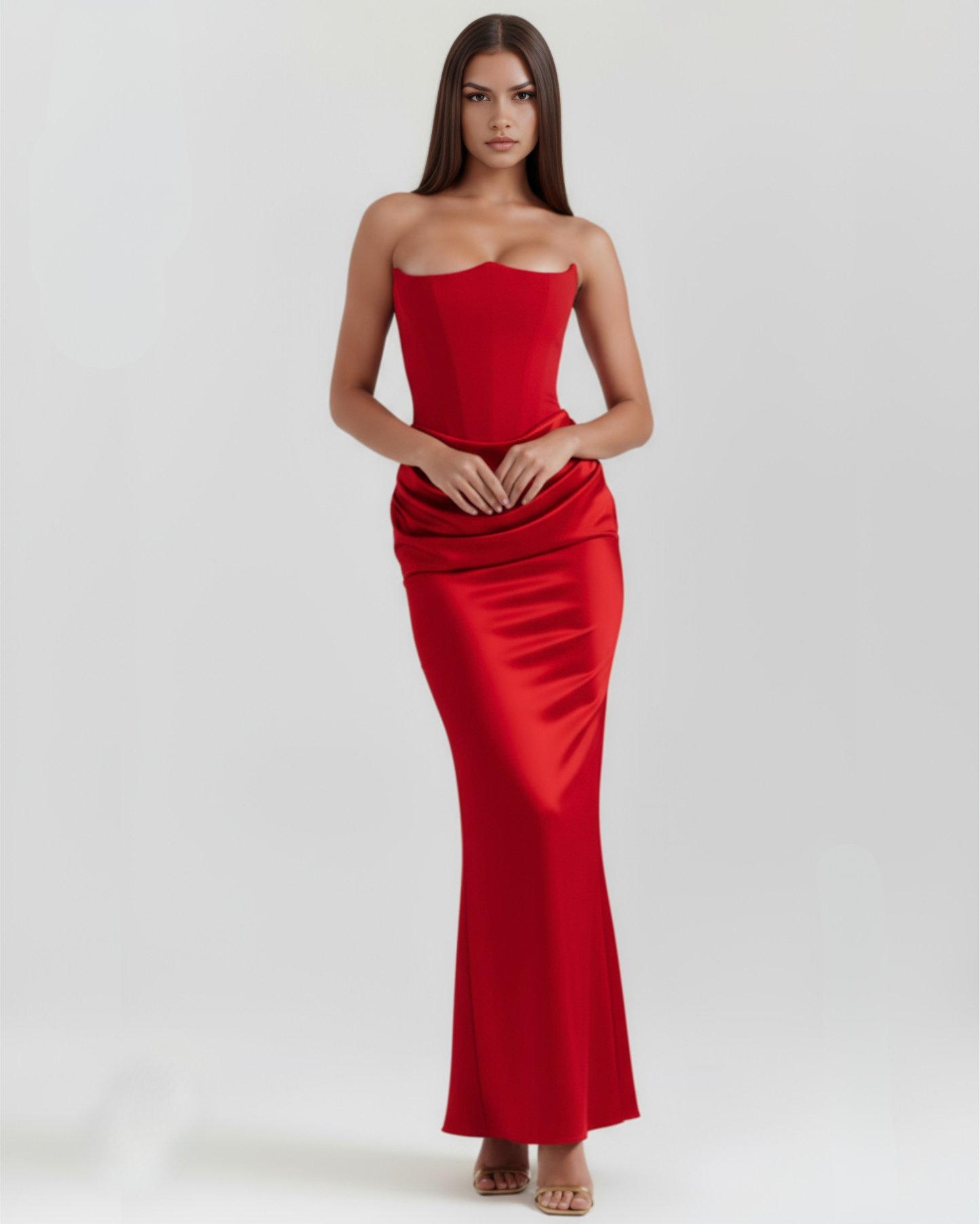 Nives | Vestido largo strapless de crepé satinado en Rojo