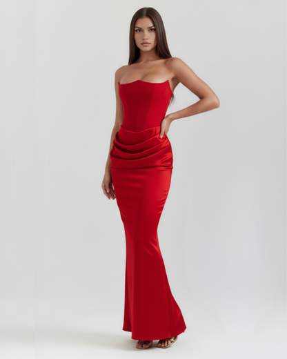Nives | Vestido largo strapless de crepé satinado en Negro