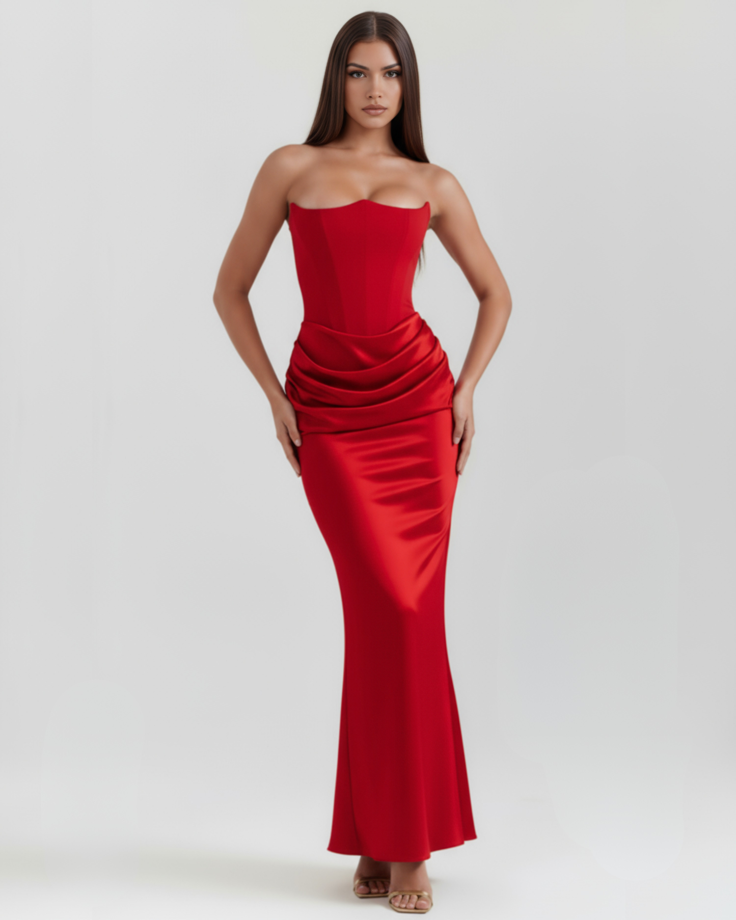Nives | Vestido largo strapless de crepé satinado en Rojo