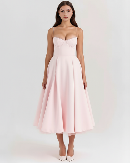 Cressida | Vestido midi con corsé y falda de tul en Rosa
