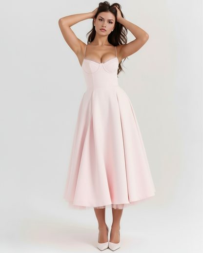 Cressida | Vestido midi con corsé y falda de tul en Azul
