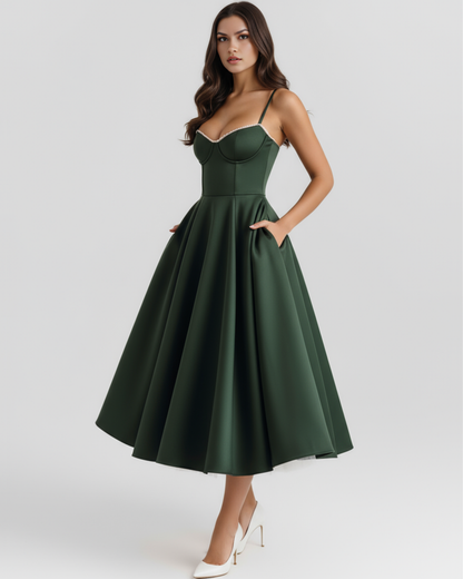 Cressida | Vestido midi con corsé y falda de tul en Rosa