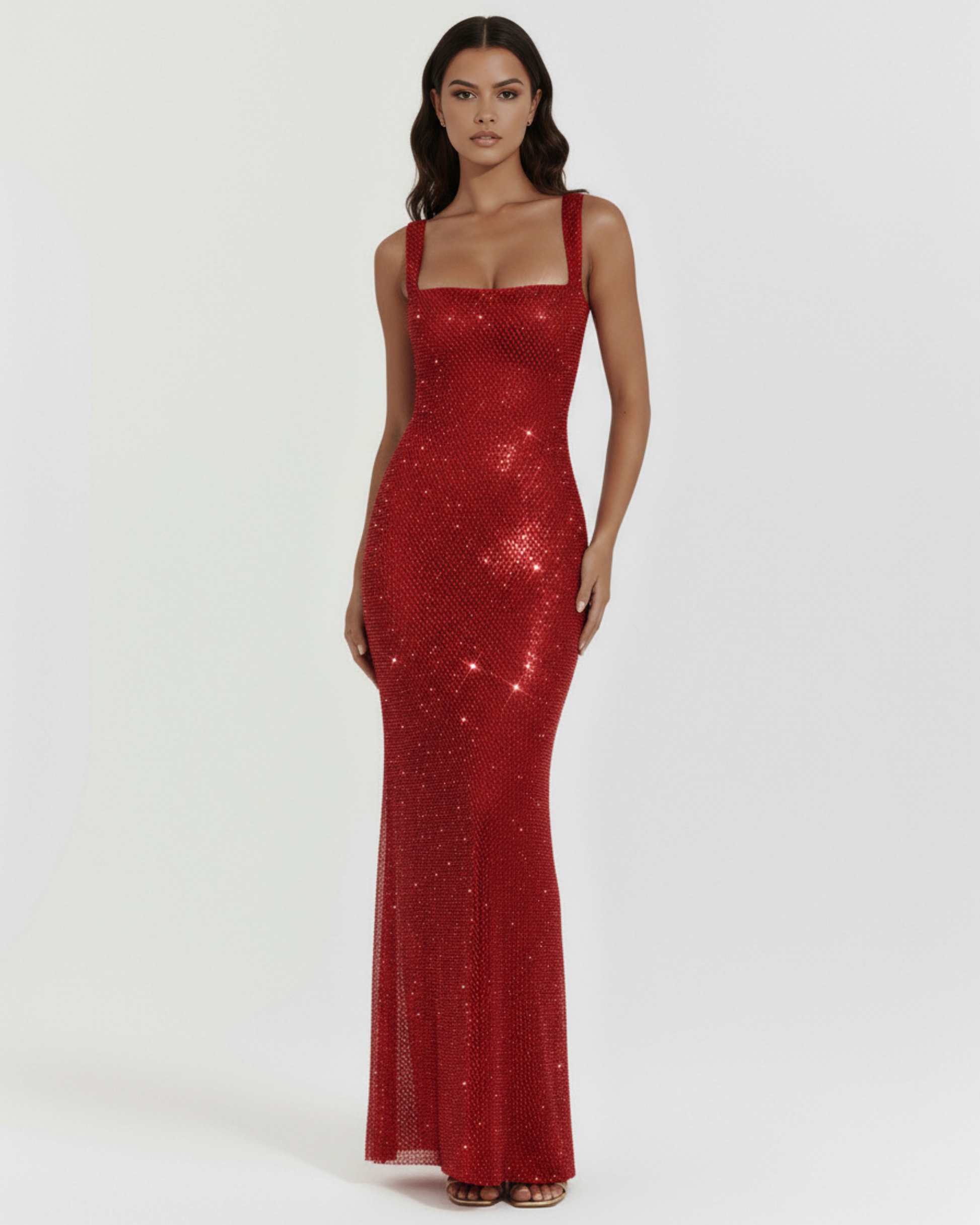 Ottavia | Vestido largo con pedrería y escote cuadrado en Burdeos