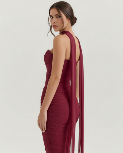 Lysandra | Conjunto largo de corsé y falda drapeada en Rosa