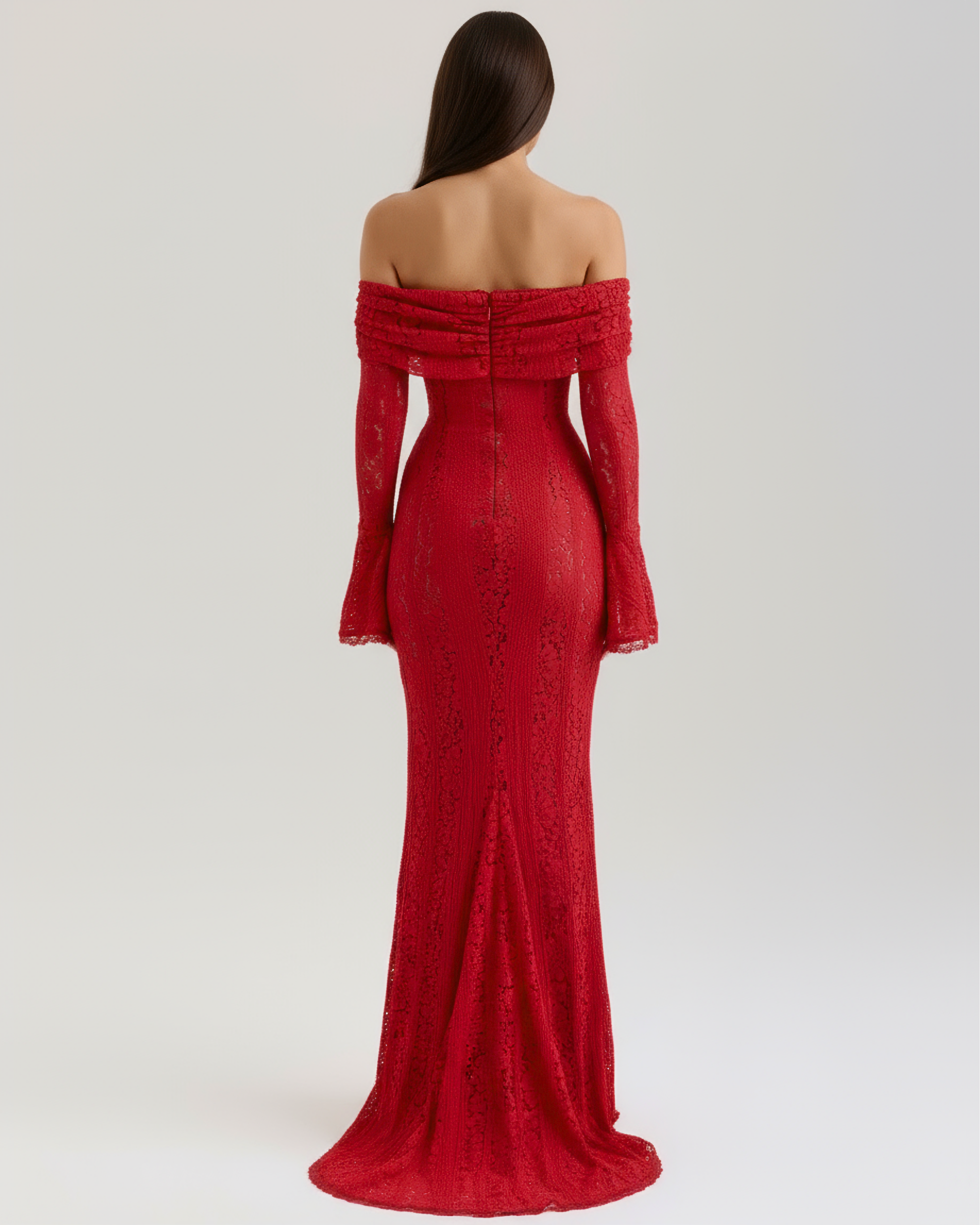 Corinna | Vestido largo de encaje con escote bardot en Rojo