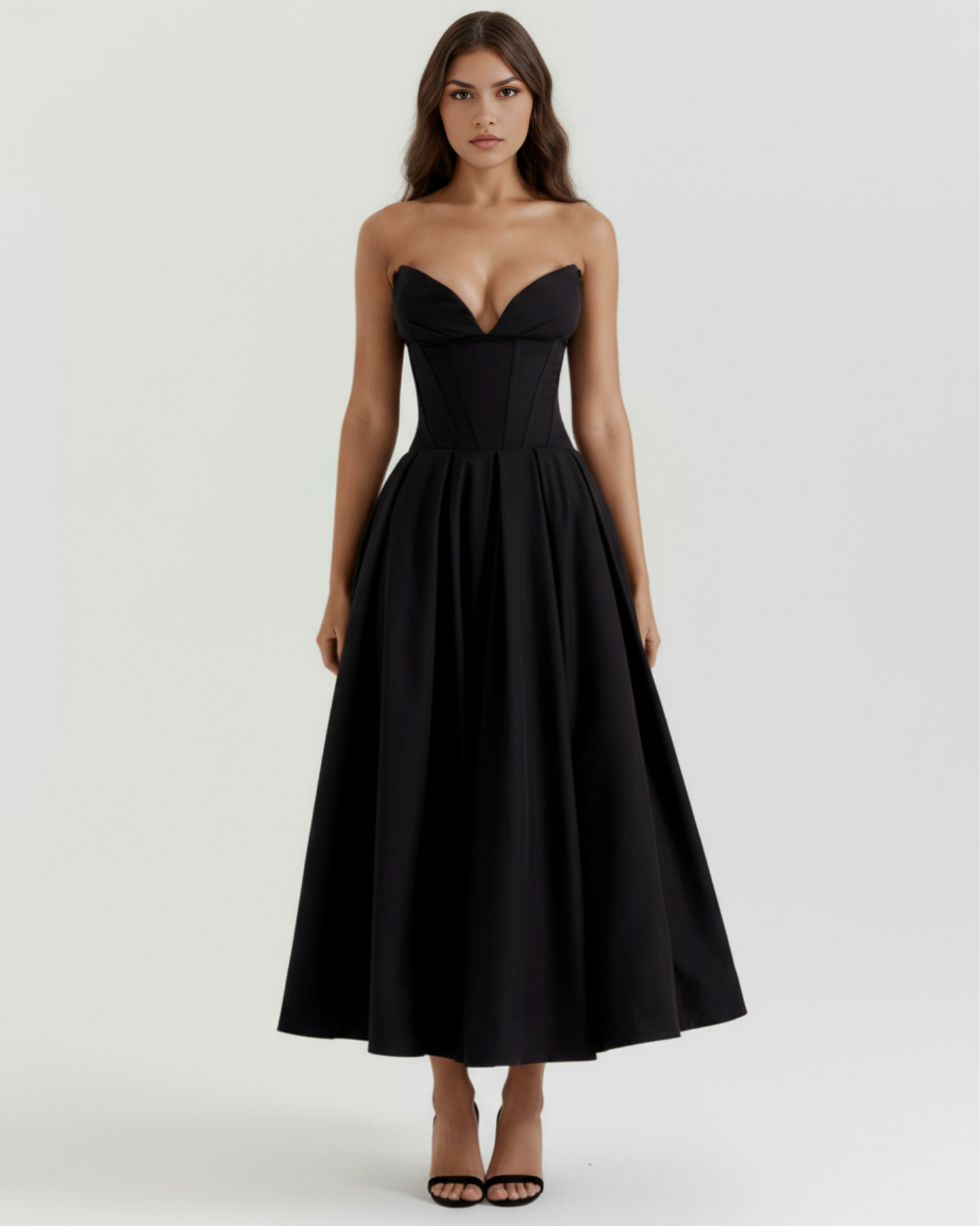 Eliora | Vestido midi strapless de falda amplia en Negro