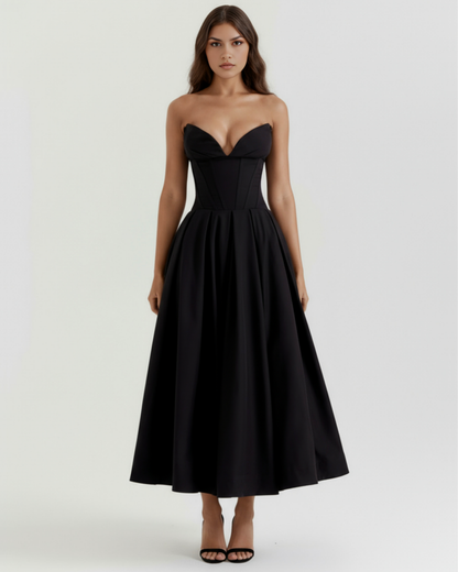 Eliora | Vestido midi strapless de falda amplia en Negro